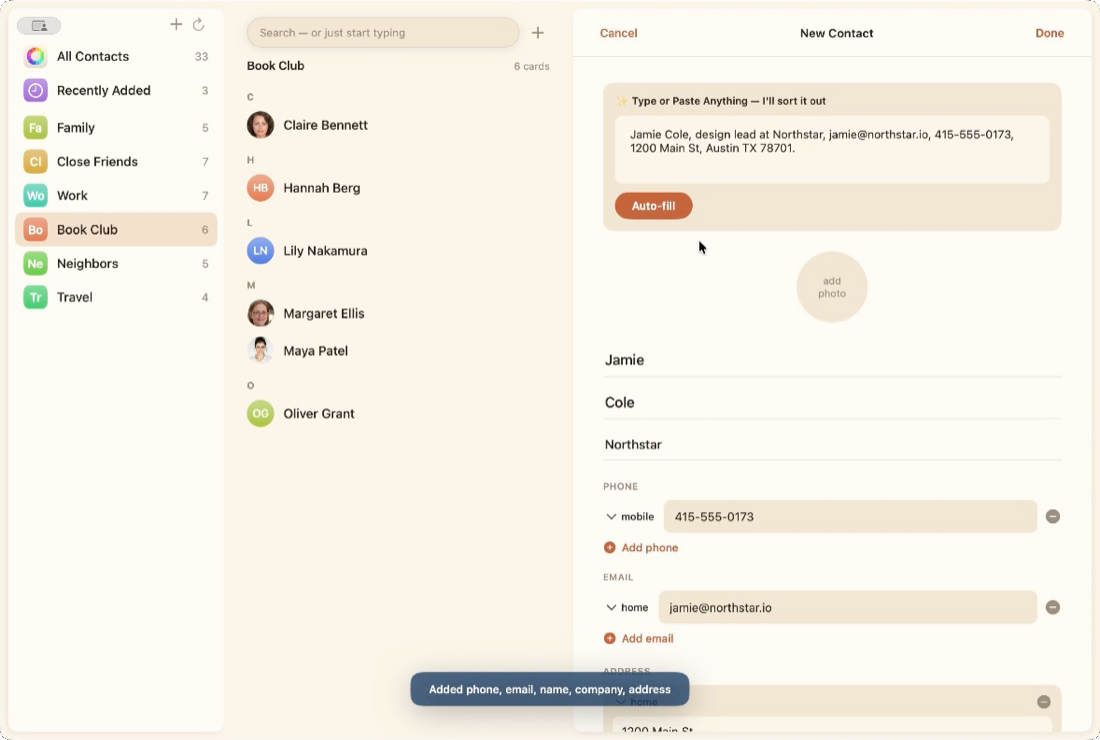 Kin Contacts parsing a pasted sentence into a new contact: the pasted text sits at the top and the name, company, phone, email, and address fields below it have been filled in automatically.