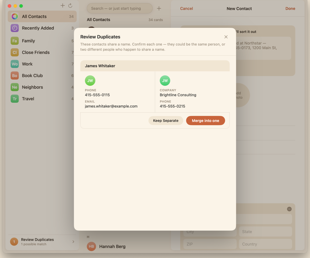The Review Duplicates dialog in Kin Contacts, showing two contact records that share the name James Whitaker side by side with their differing phone, email, and company details, and buttons to Keep Separate or Merge into one.