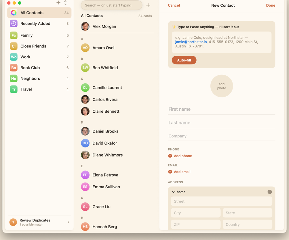 The New Contact form in Kin Contacts, with a paste box at the top reading "Type or Paste Anything, I'll sort it out" and an Auto-fill button above the empty name, company, phone, email, and address fields.