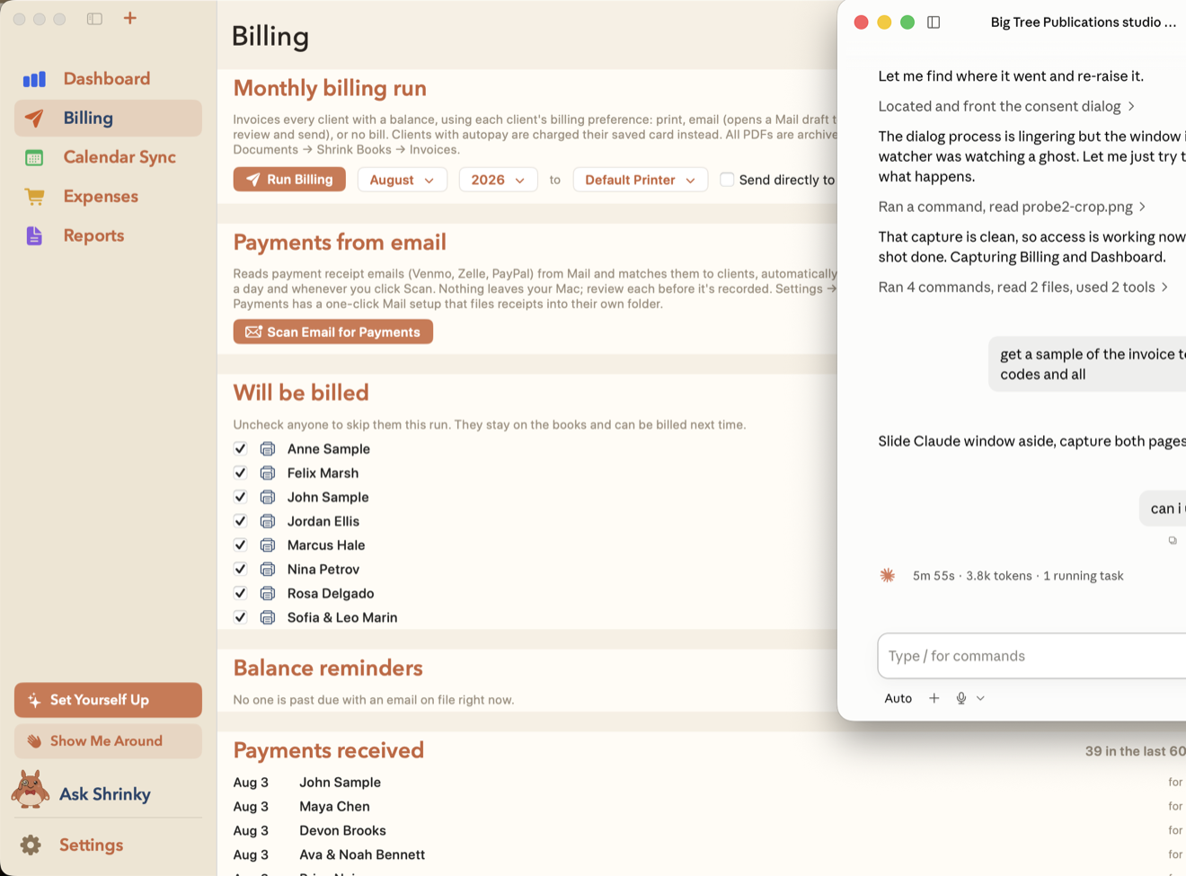 The Shrink Books Billing page: a monthly billing run button, an email payment scanner, a checklist of clients who will be billed with their amounts, and a list of payments received.