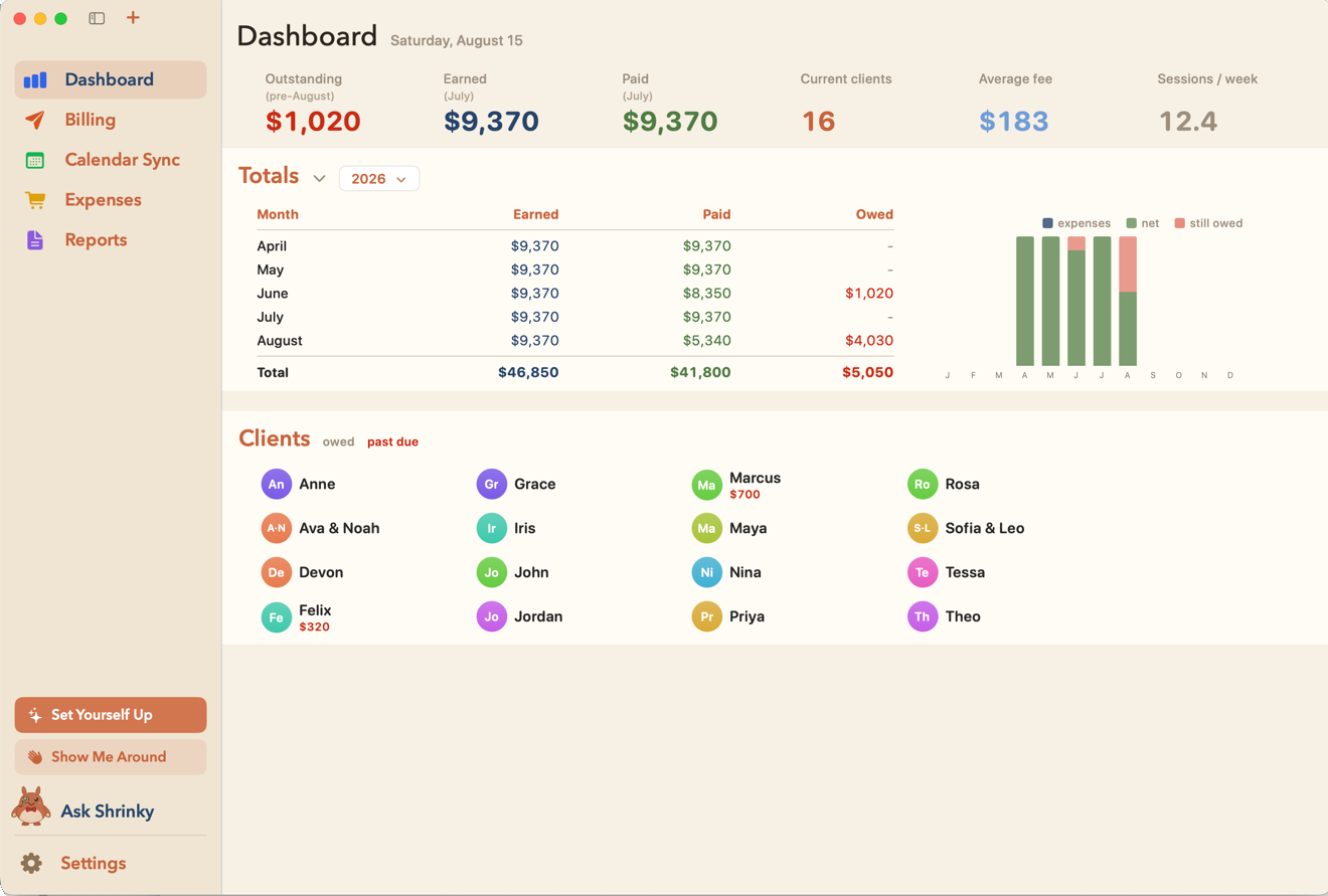 The Shrink Books dashboard with sample data.