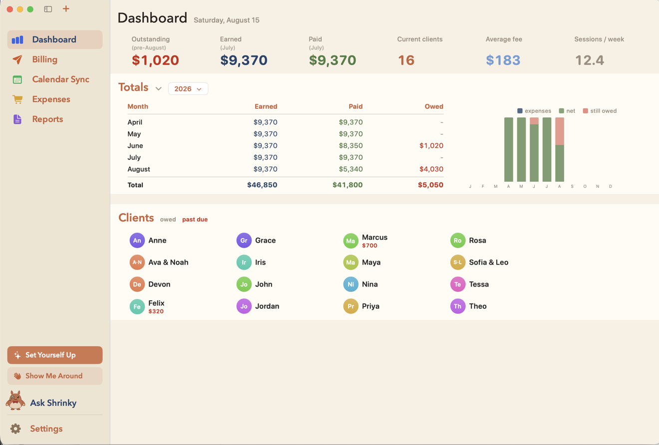 The Shrink Books dashboard with sample data.