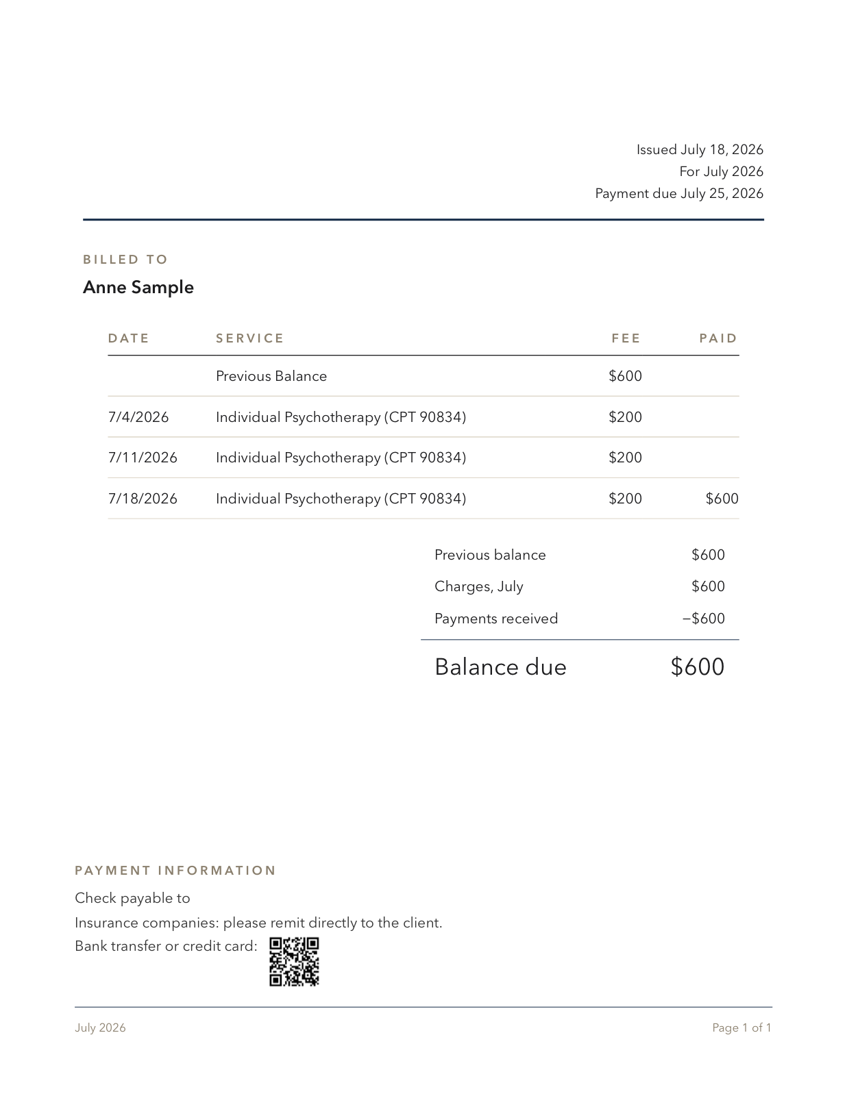A sample Shrink Books invoice for the fictional client Anne Sample: dated psychotherapy sessions with CPT codes, a balance summary, and a payment information block with a QR code for bank transfer or card payment.