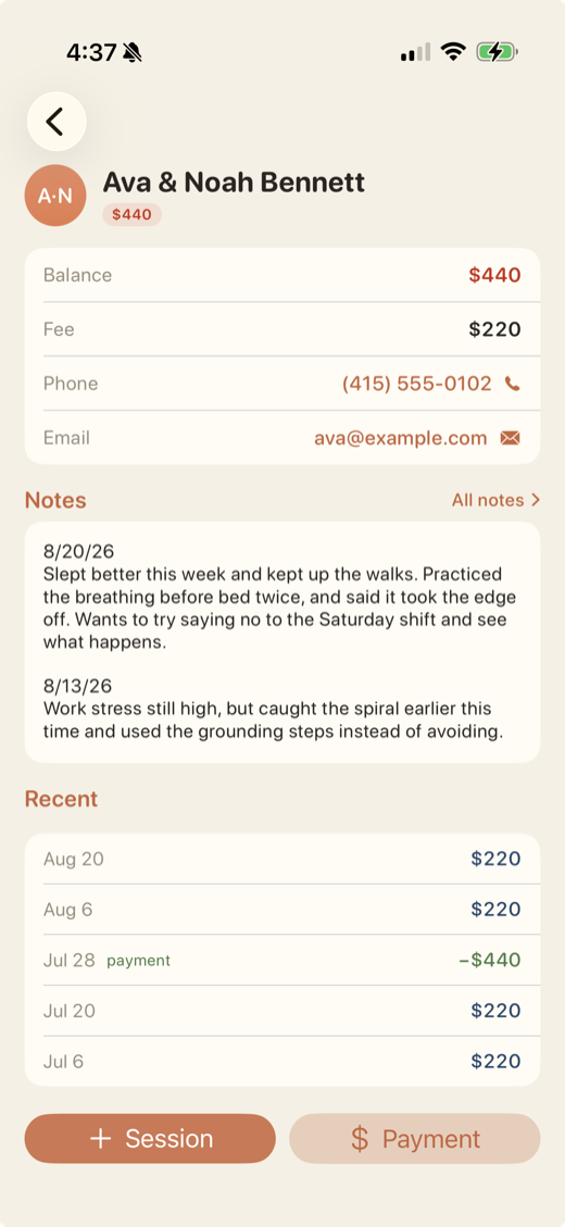 A client screen in the Shrink Books iPhone app showing balance, fee, phone and email, recent session notes with dates, a list of recent sessions and payments, and buttons to add a session or a payment.